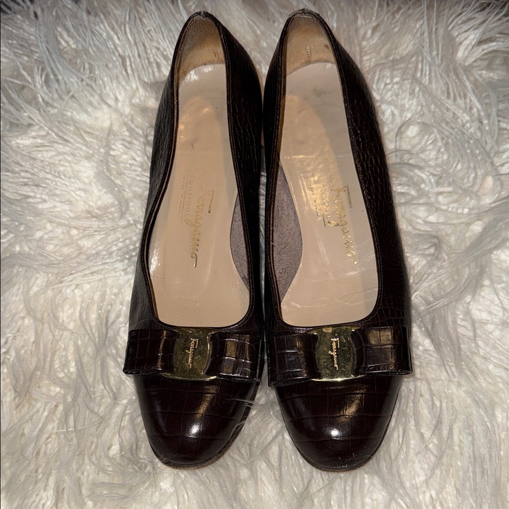 Salvatore Ferragamo Dark Brown Croc-Embossed Heels